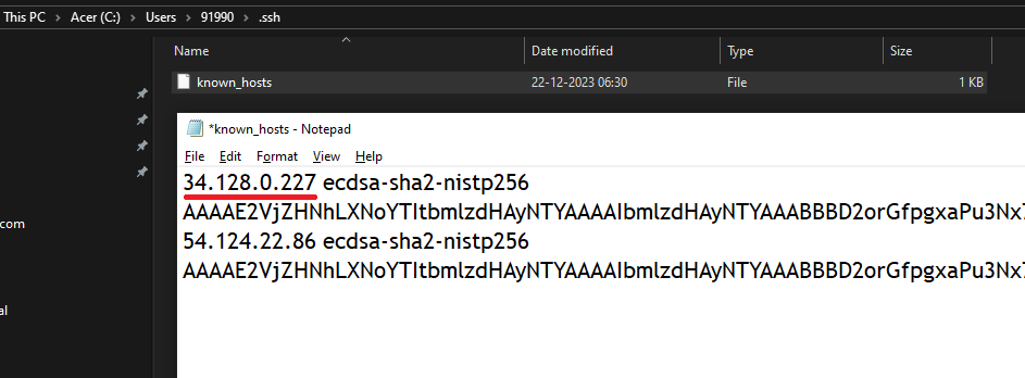 Add correct host key in /.ssh/known_hosts file